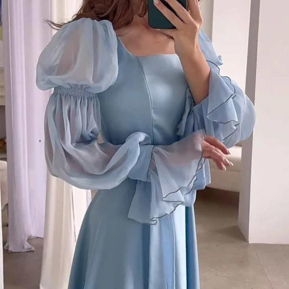 Light Blue Tiered Puff Sleeves Long Evening Dress, left