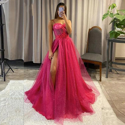 Hot Pink Glitter Tulle Princess Prom Dress, Sweetheart Neck, Long Shot