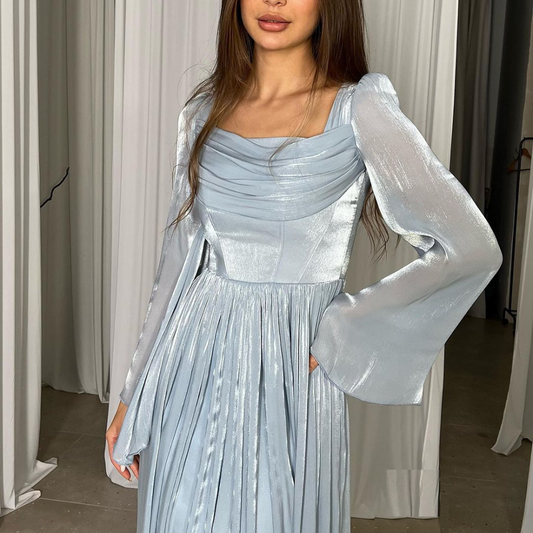 Blue Chiffon Pleated Evening Dress, Long Sleeves, Front Closeup