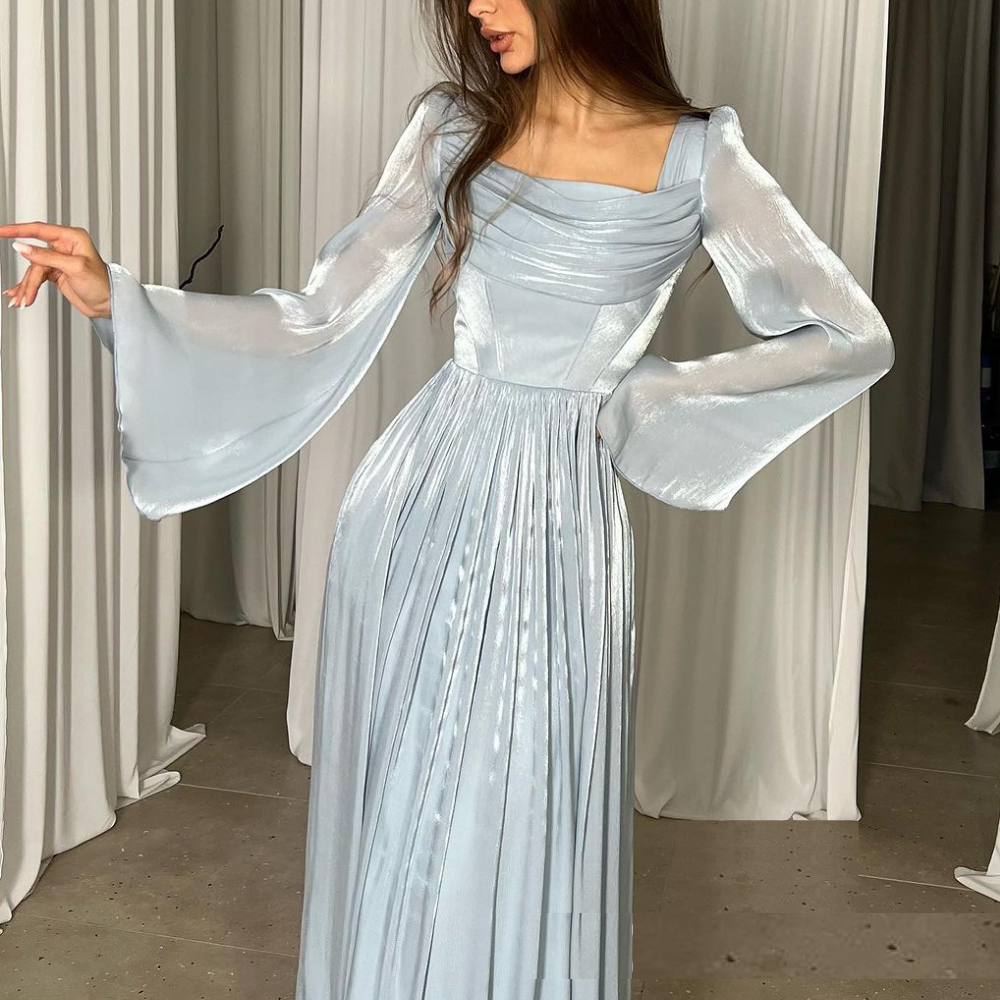 Blue Chiffon Pleated Evening Dress, Long Sleeves, Front