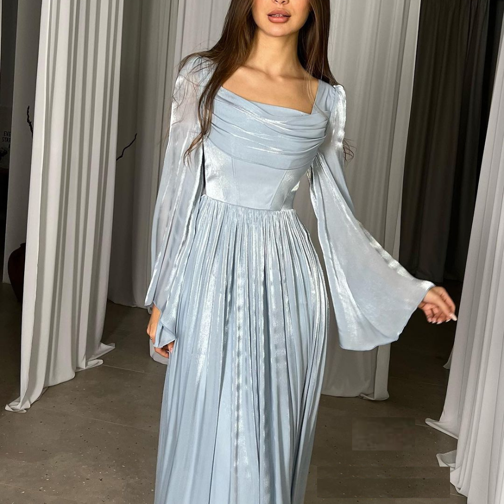 Blue Chiffon Pleated Evening Dress, Long Sleeves, Left