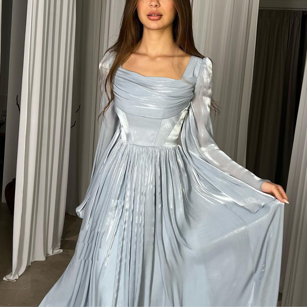 Blue Chiffon Pleated Evening Dress, Long Sleeves, Right