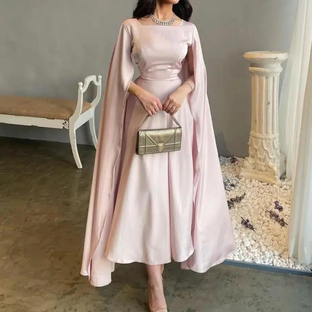 Blush Pink Satin Elegant Modest Evening Dress, Front