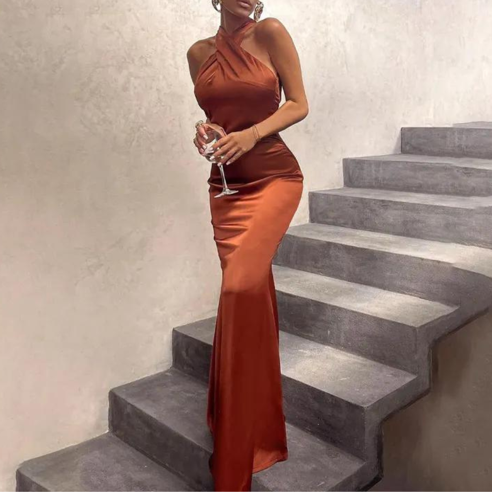 Brown Orange Bodycon Cross Neck Evening Dress, Front