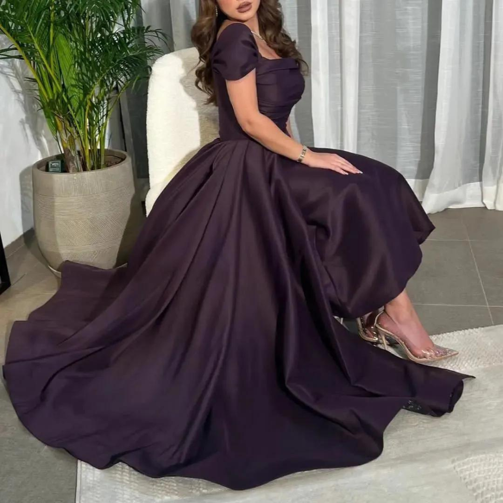 Dark Purple Satin Evening Dress, Cap Sleeves, Left