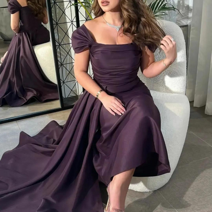 Dark Purple Satin Evening Dress, Cap Sleeves, Front Close Up