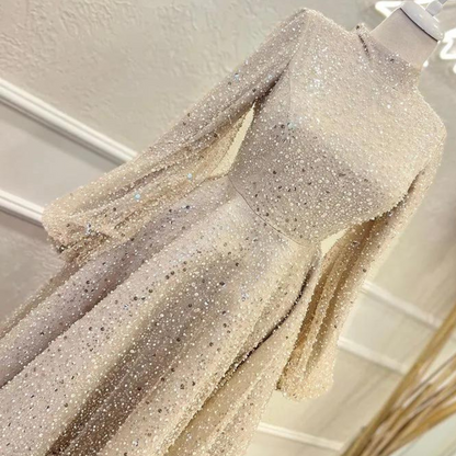 Dubai Elegant Beige Sequined Evening Dress, Modest, Front Left