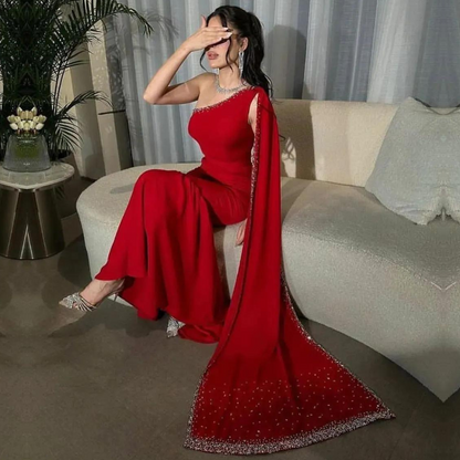 Dubai Red Satin Beaded Evening Dress, Right