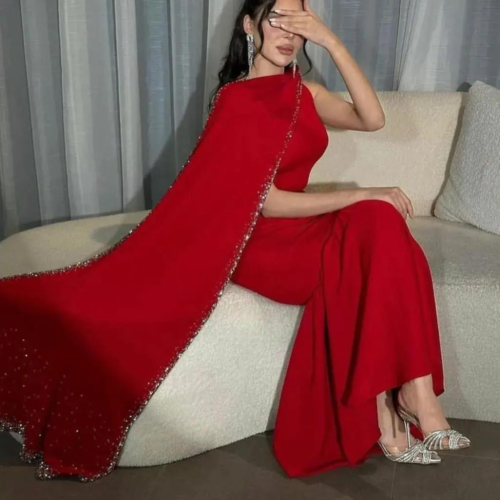 Dubai Red Satin Beaded Evening Dress, Left