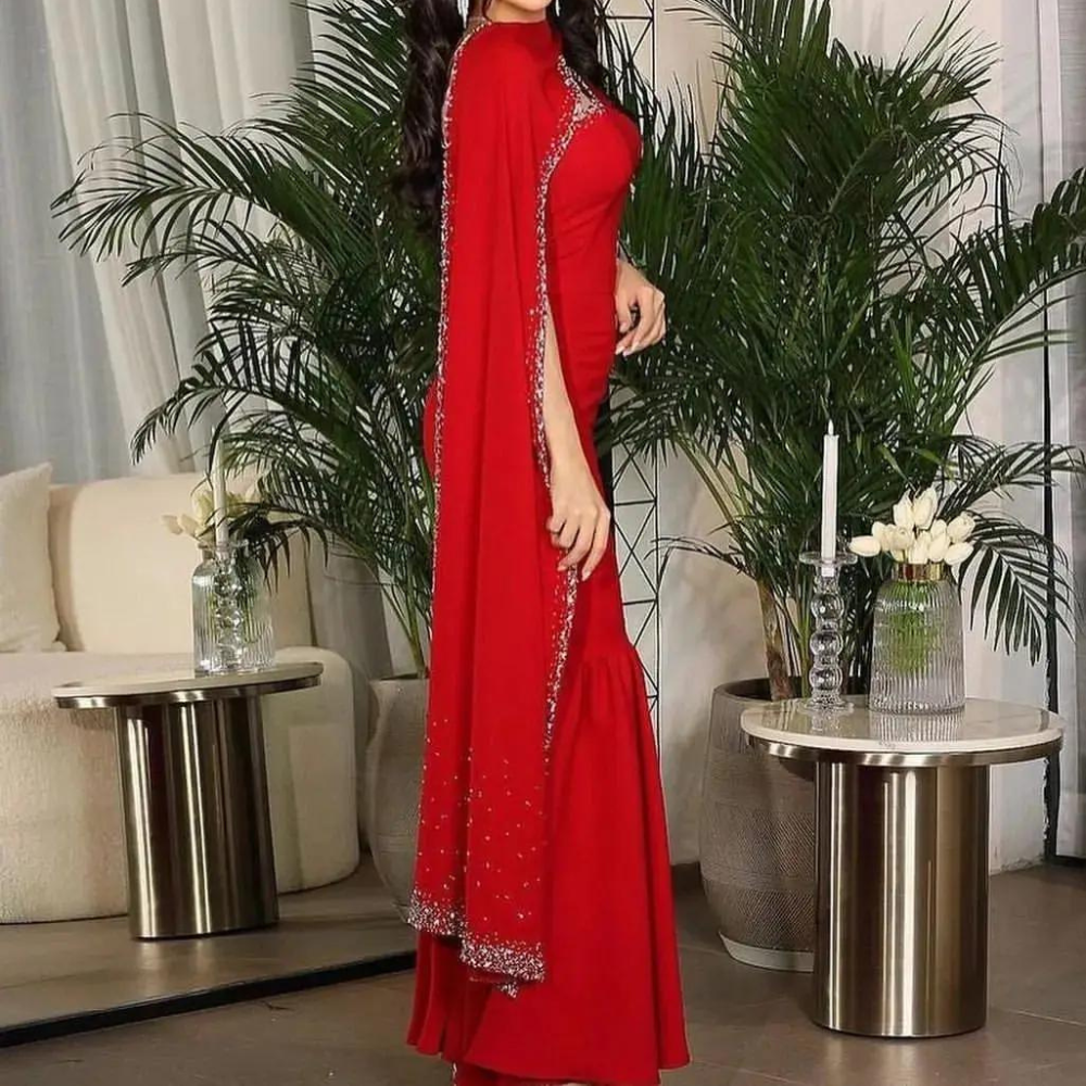 Dubai Red Satin Beaded Evening Dress, Right Long Shot