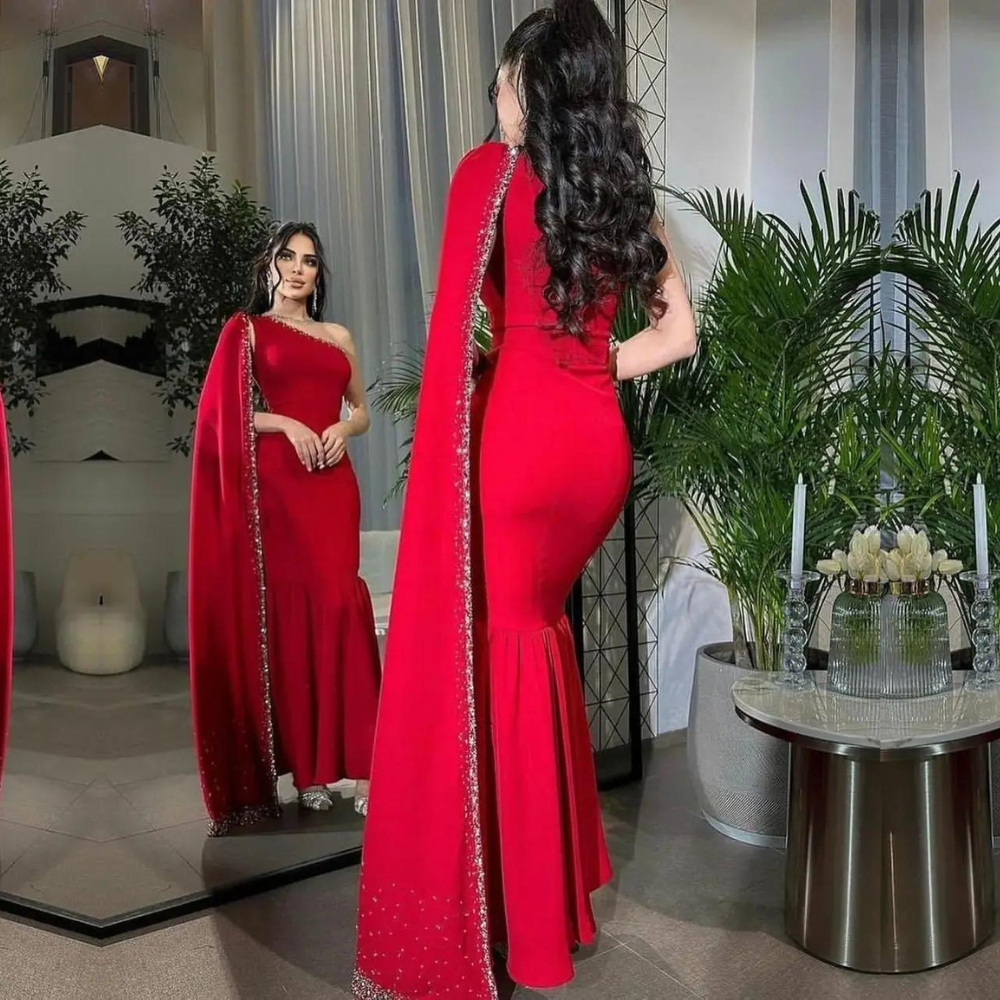 Dubai Red Satin Beaded Evening Dress, Back