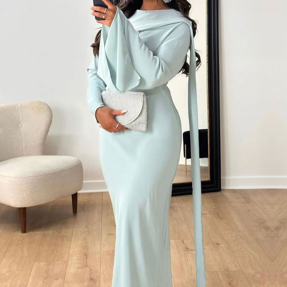 Mint Green Modest Drape Long Evening Dress, left