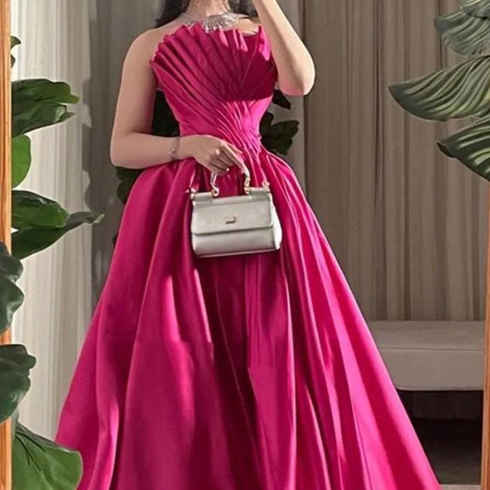 Elegant Hot Pink Silk Princess Prom Dress, Close Up