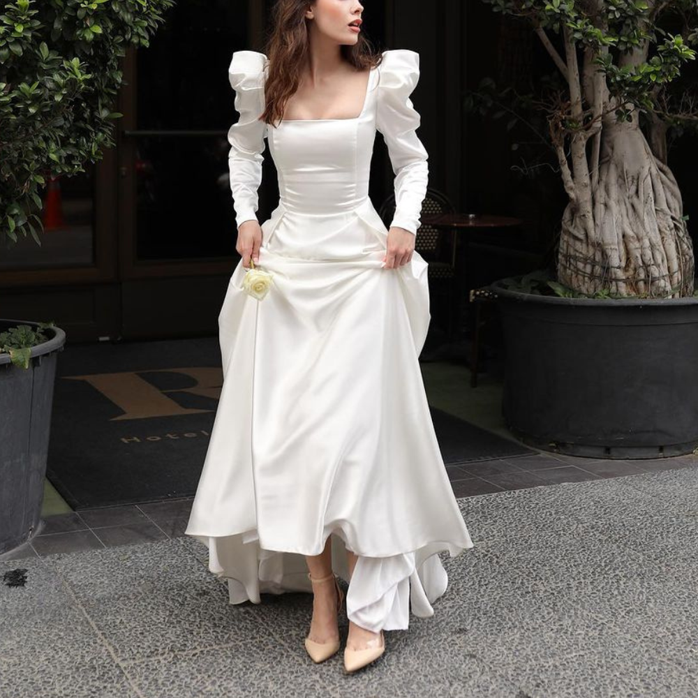 Elegant Satin White Modest Bridal Dress, Long Puff Sleeves, Front 2