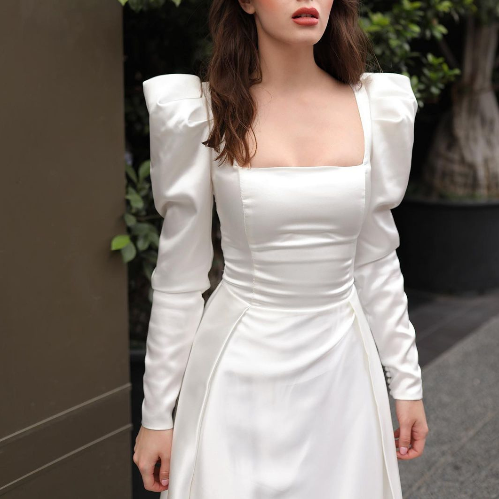 Elegant Satin White Modest Bridal Dress, Long Puff Sleeves, Front Close Up 