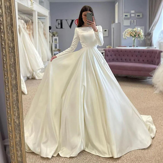 Elegant Satin White Modest Bridal Gown, Conservative, Front