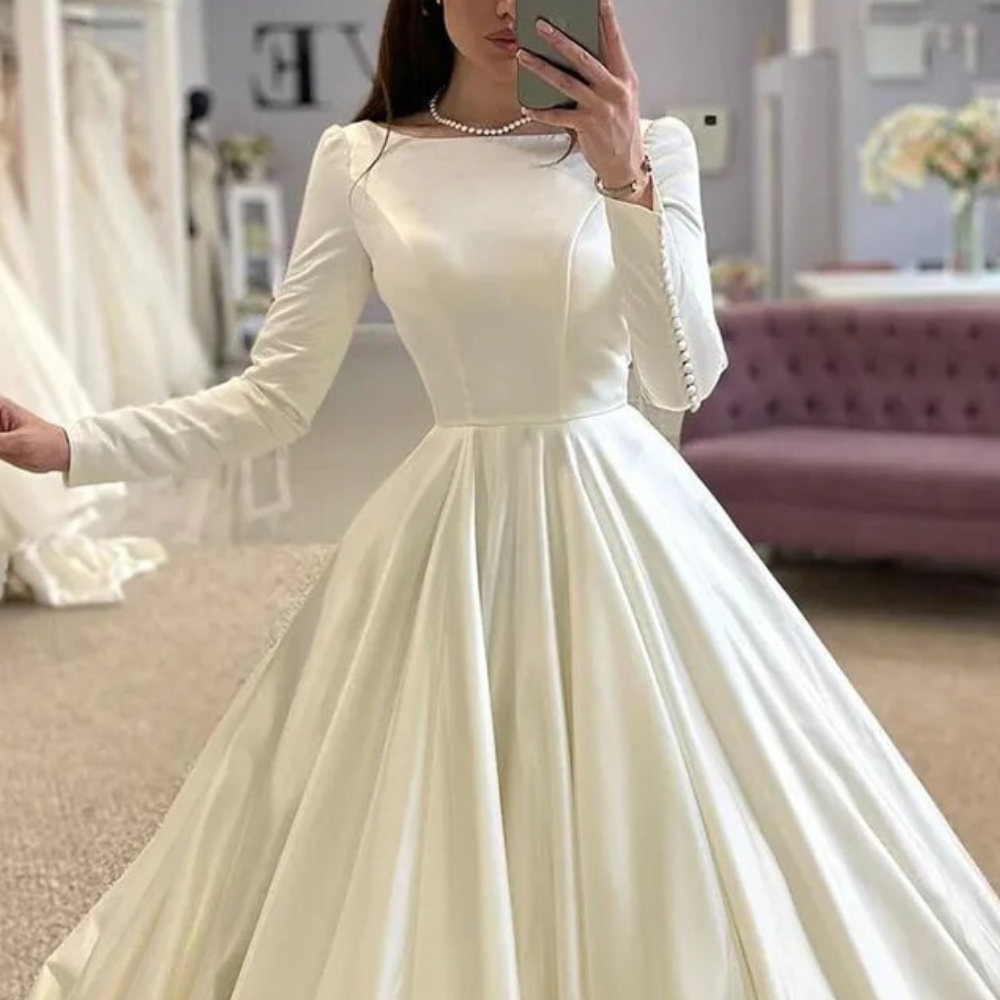 Elegant Satin White Modest Bridal Gown, Conservative, Front Close Up