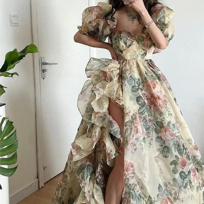 Floral Print Khaki Ruffle Gown, Left