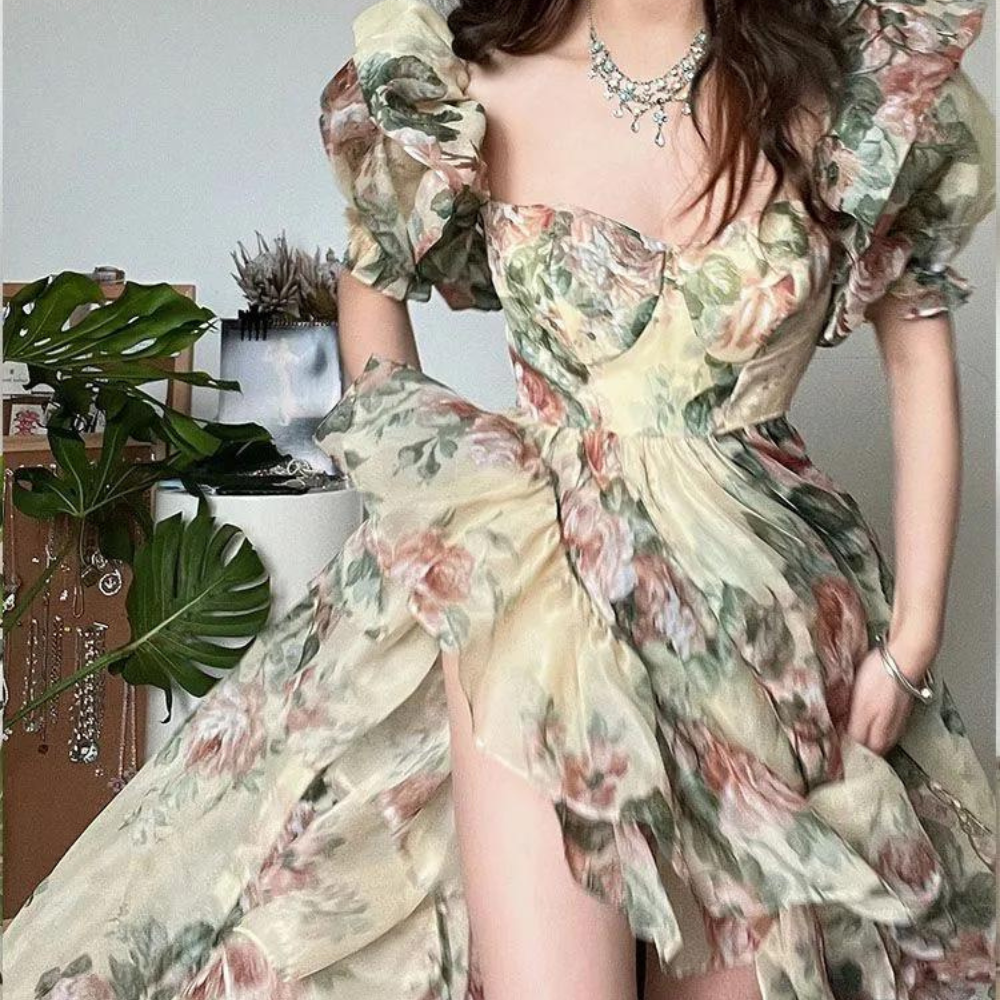 Floral Print Khaki Ruffle Gown, Right