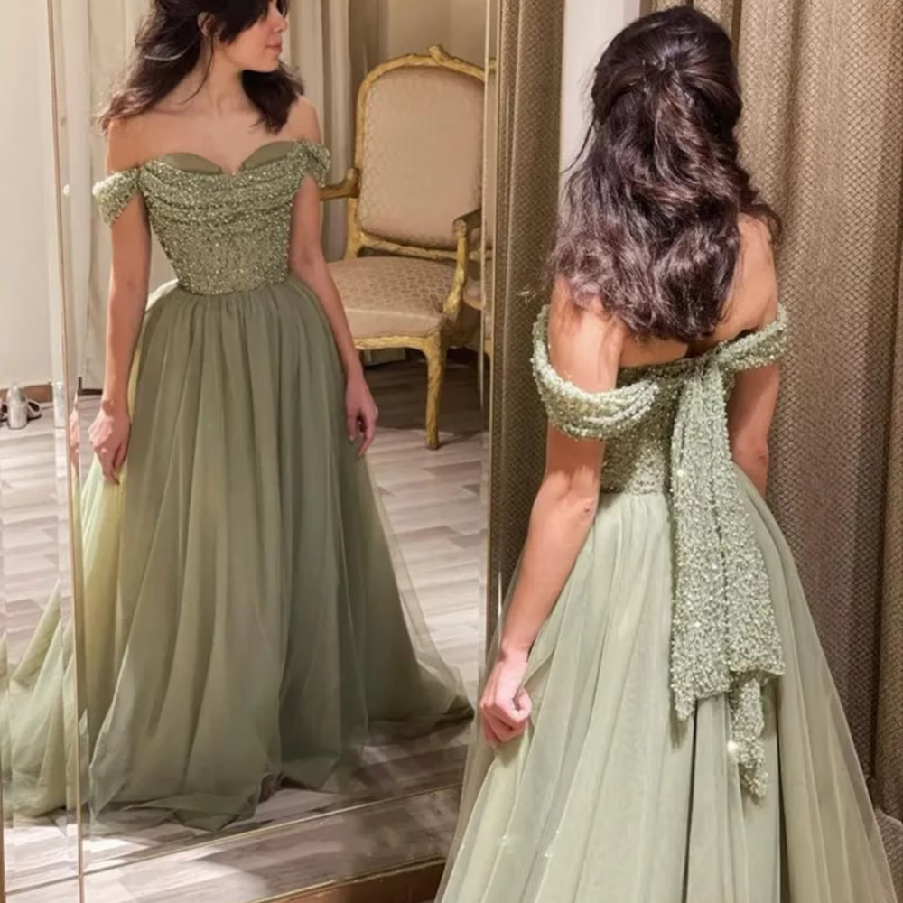 Olive Green Sparkle Tulle Princess Prom Dress, Front