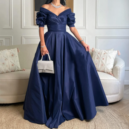 Elegant Navy Blue Satin Floor-Length Prom Dress, Front View