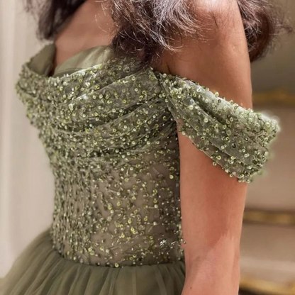 Olive Green Sparkle Tulle Princess Prom Dress, Close Up