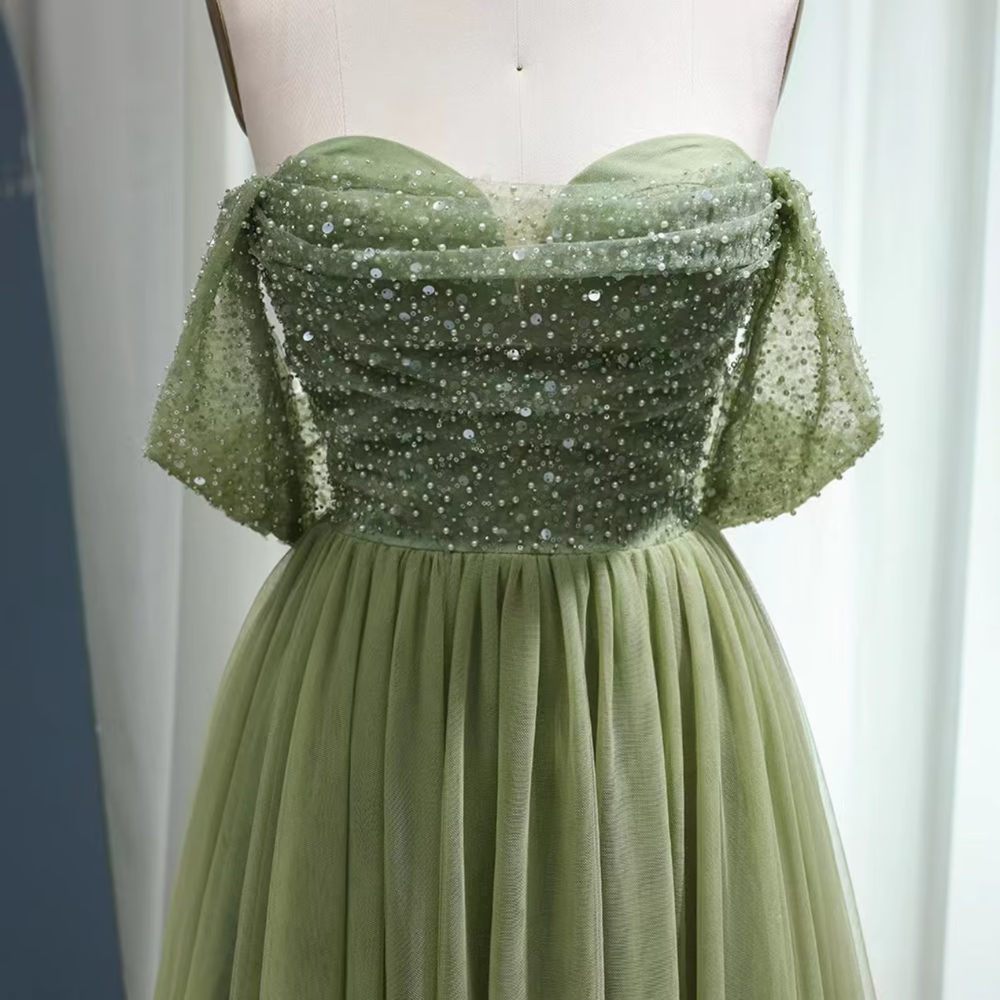 Olive Green Sparkle Tulle Princess Prom Dress, Close Up 2