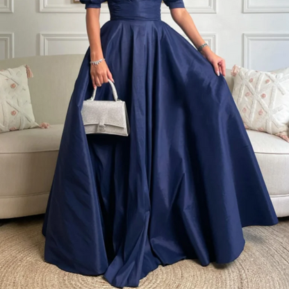 Elegant Navy Blue Satin Floor-Length Prom Dress, Bottom View