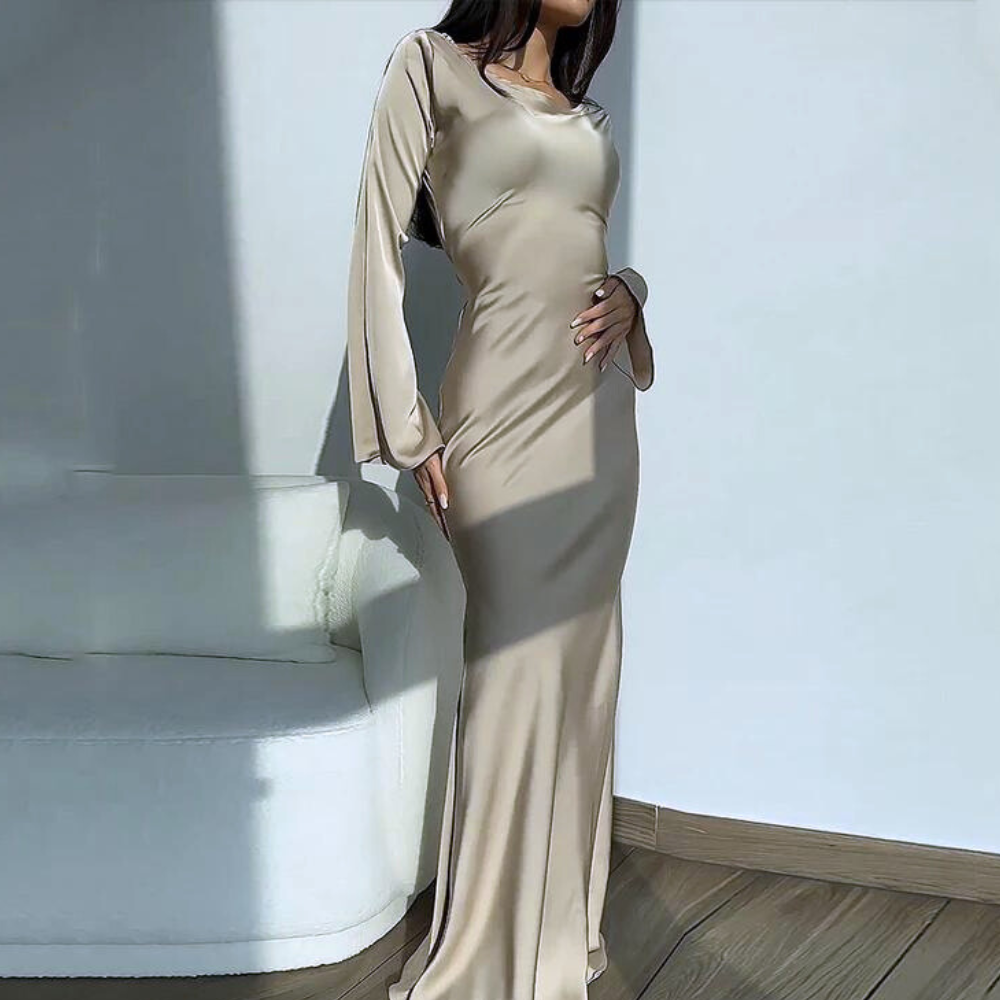 Silk Beige Modest Evening Dress, Right Side