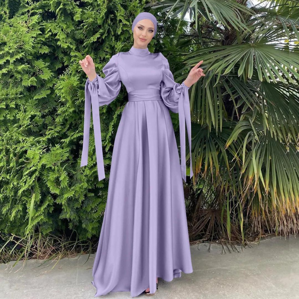 Purple Modest Satin Floor-Length Evening Dress, Long Puff Sleeves, Front View