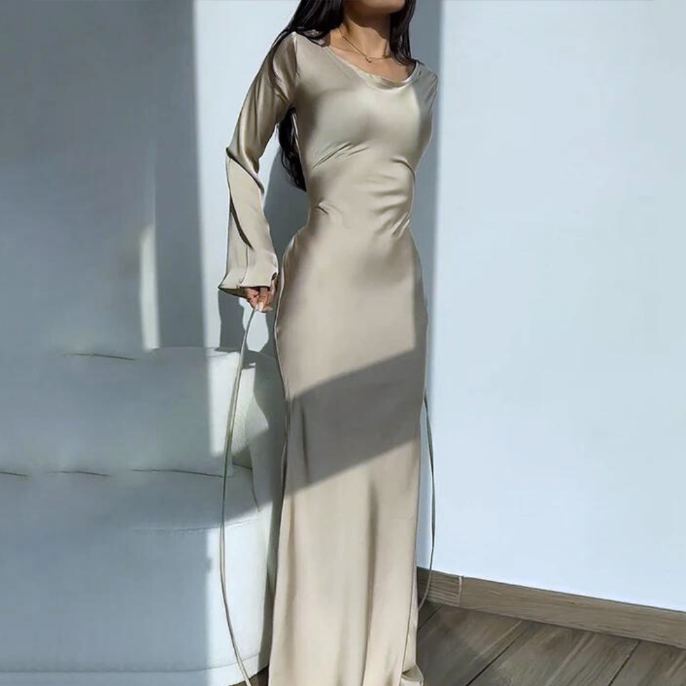 Silk Beige Modest Evening Dress, Left Side