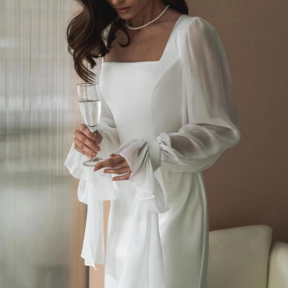 Simple White Elegant Modest Evening Dress, Long Sleeves, Close Up