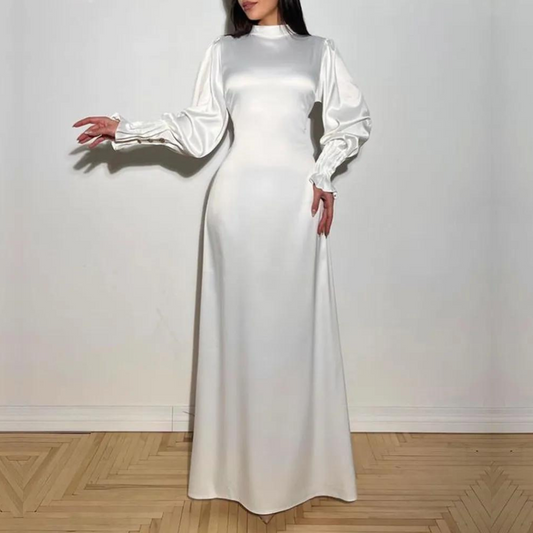 White Modest Silky Satin Evening Dress, Front