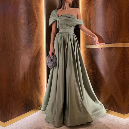 Olive Green Satin Princess Floor-Length Prom Dress, front side 2