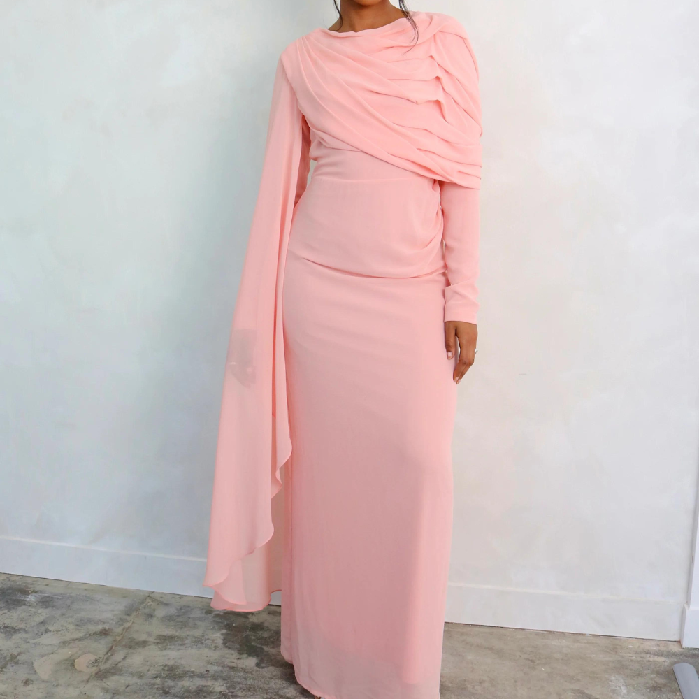 Pink Chiffon Pleated Sleeves Modest Evening Dress, Right