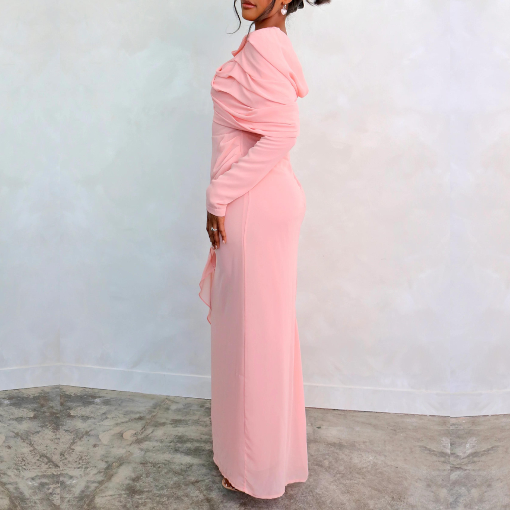 Pink Chiffon Pleated Sleeves Modest Evening Dress, Left Side