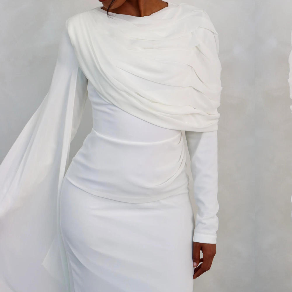 White Chiffon Pleated Sleeves Modest Evening Dress, Close Up