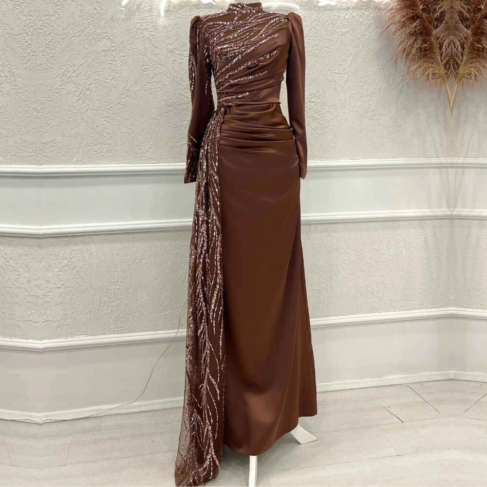 Dubai Modest Satin Brown Sparkly Beaded Evening Dress, far shot