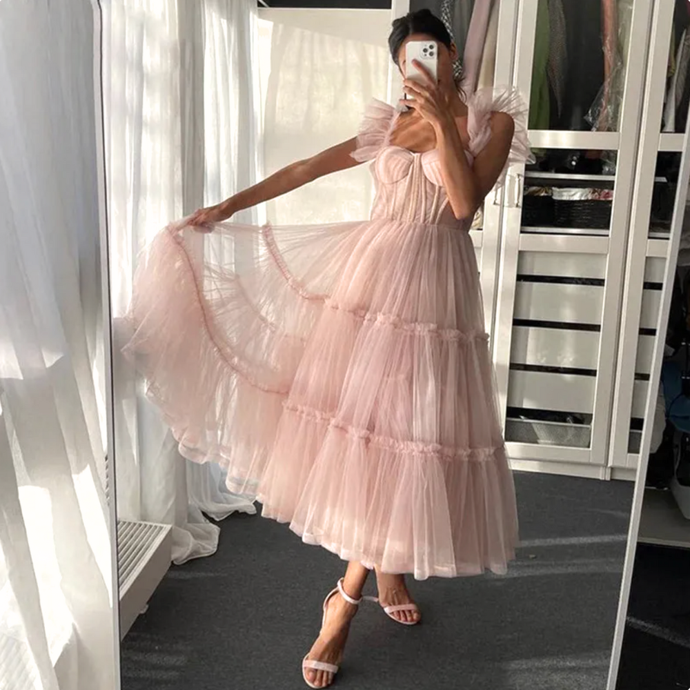 Pink Tiered Tulle Tea-Length Prom Dress