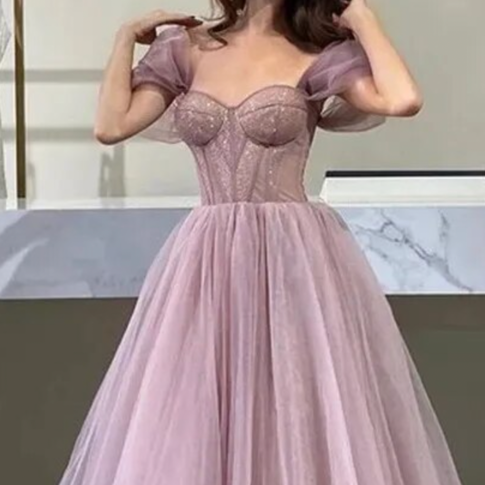 Purple Tulle Sweetheart Tea-Length Prom Dress, right