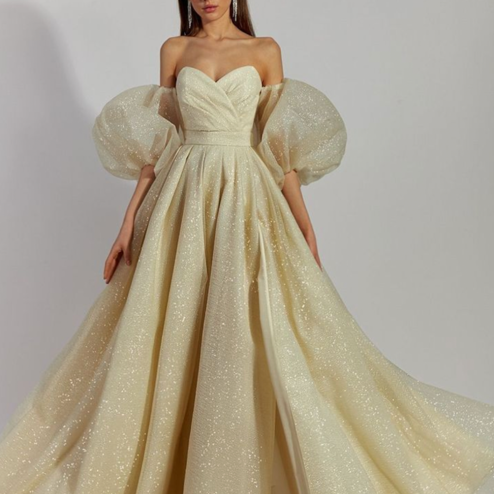 Elegant Satin Puff Sleeves Sweetheart Gown, left side