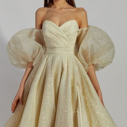 Elegant Satin Puff Sleeves Sweetheart Gown, close up