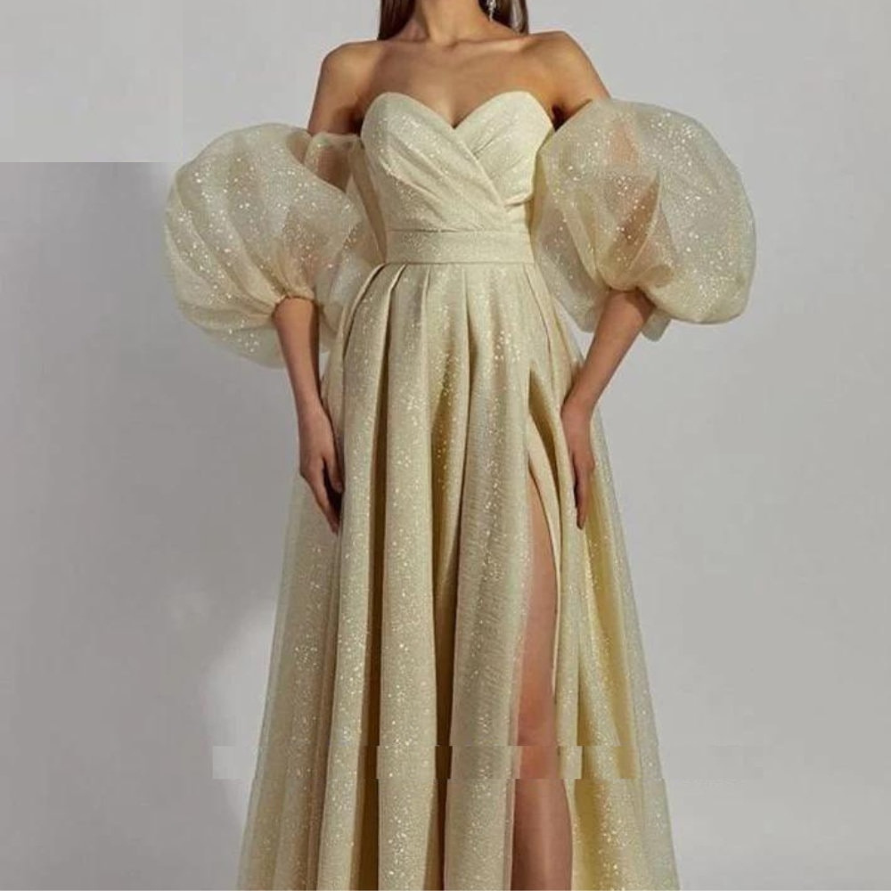 Elegant Satin Puff Sleeves Sweetheart Gown, right side