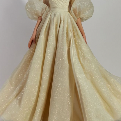 Elegant Satin Puff Sleeves Sweetheart Gown, front bottom