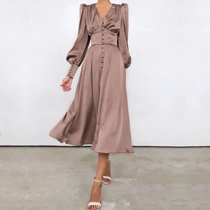 Mauve Modest V-Neck Silk Dress, Far Shot