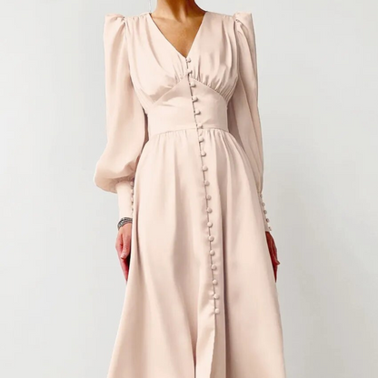 Champagne Modest V-Neck Silk Dress, Far Shot