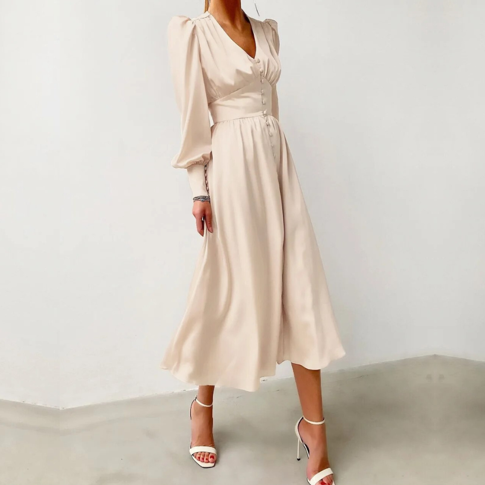 Champagne Modest V-Neck Silk Dress, Full Shot