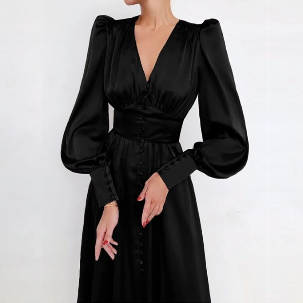 Black Modest V-Neck Silk Dress, Front