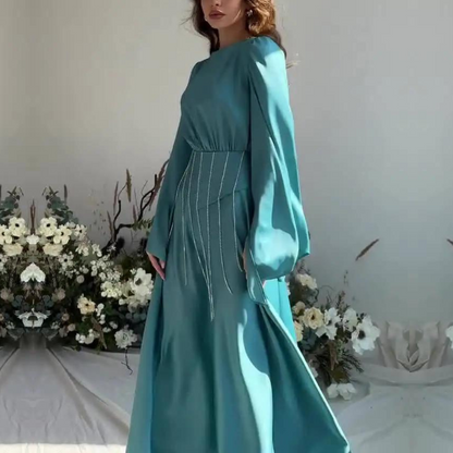 Teal Blue Modest Sparkly Evening Dress, Back