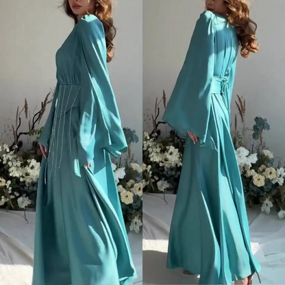 Teal Blue Modest Sparkly Evening Dress, Far Shot